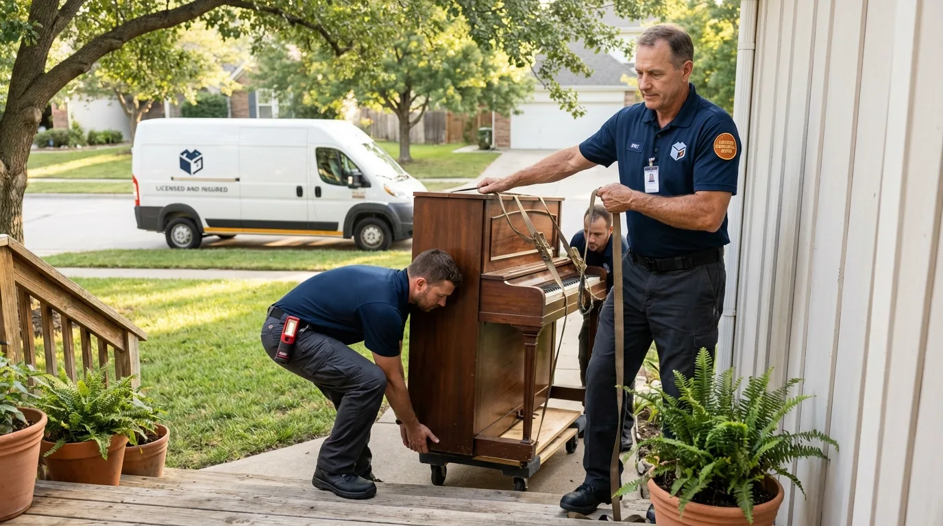 Licensed piano movers securing grand piano in Irvine, CA