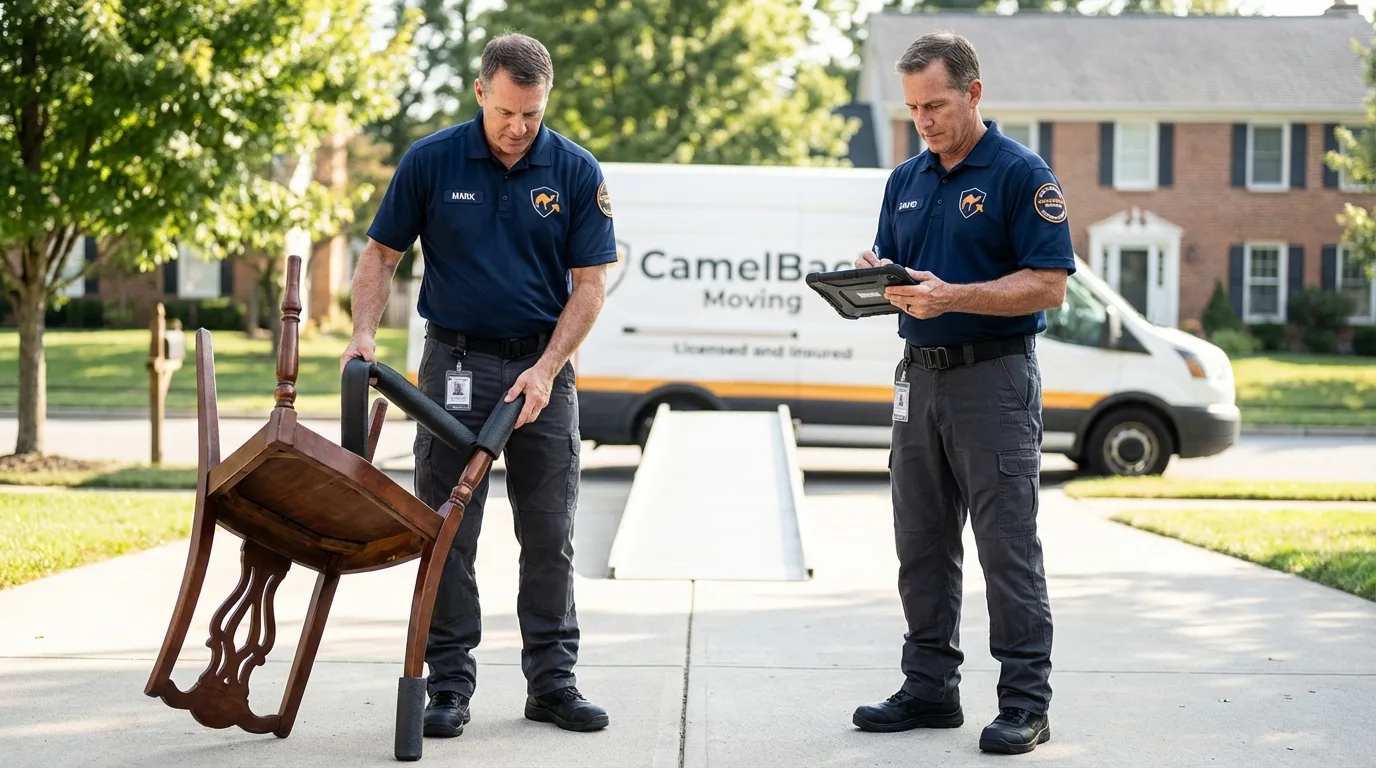 Movers inspecting furniture for damage prevention before loading in Irvine, CA