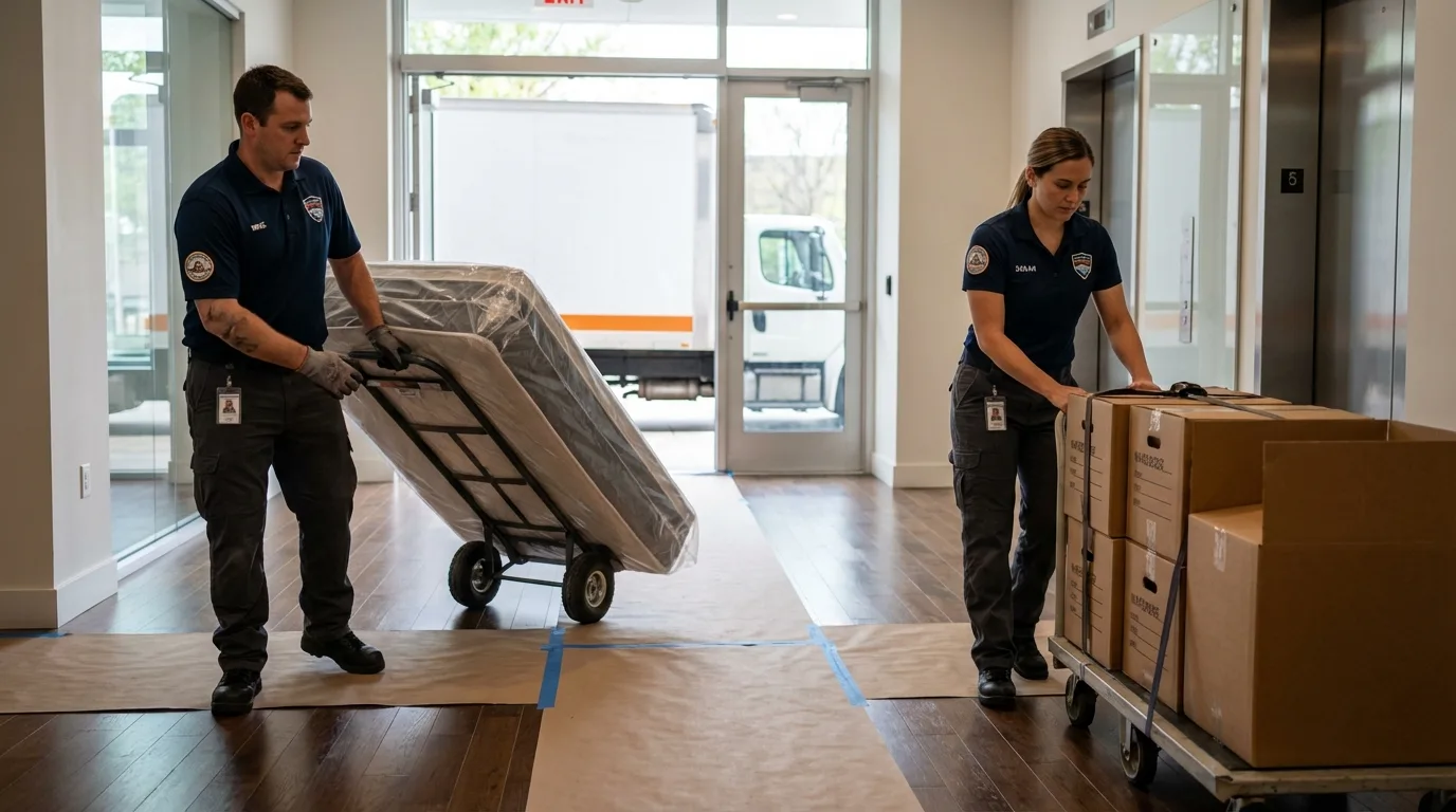 Professional apartment movers loading elevator in Irvine, CA